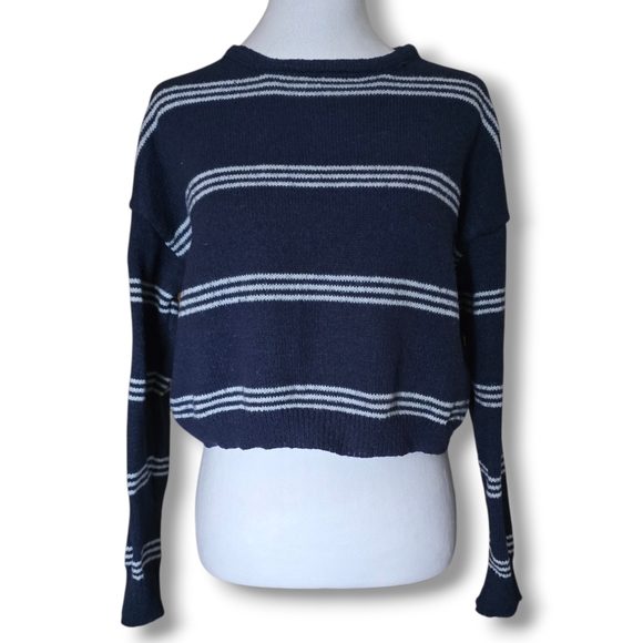 ROMWE Sweaters - Romwe Navy Blue Striped Cropped Oversize Sweater - Size Small